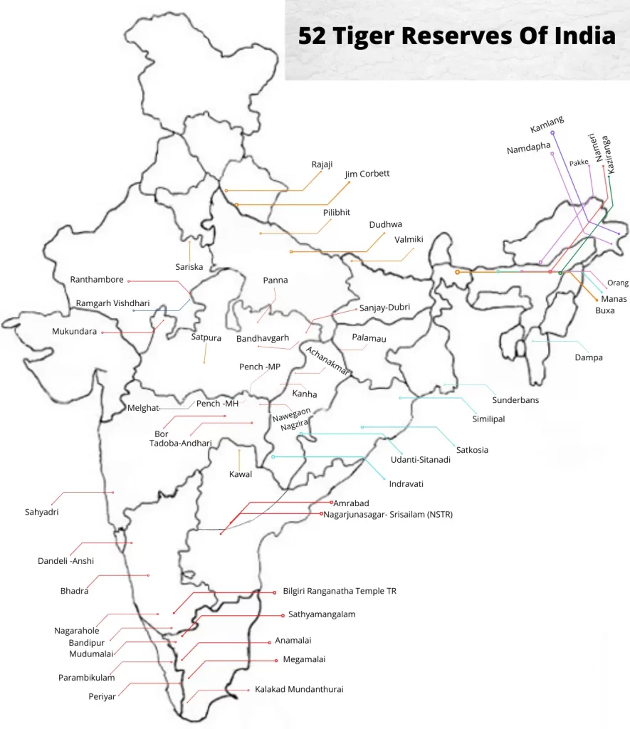Map representing the list of 52 Tiger Reserves in India [2022]